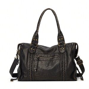Classic Black Vegan Leather Braided detail Large Tote Shoulder Bag